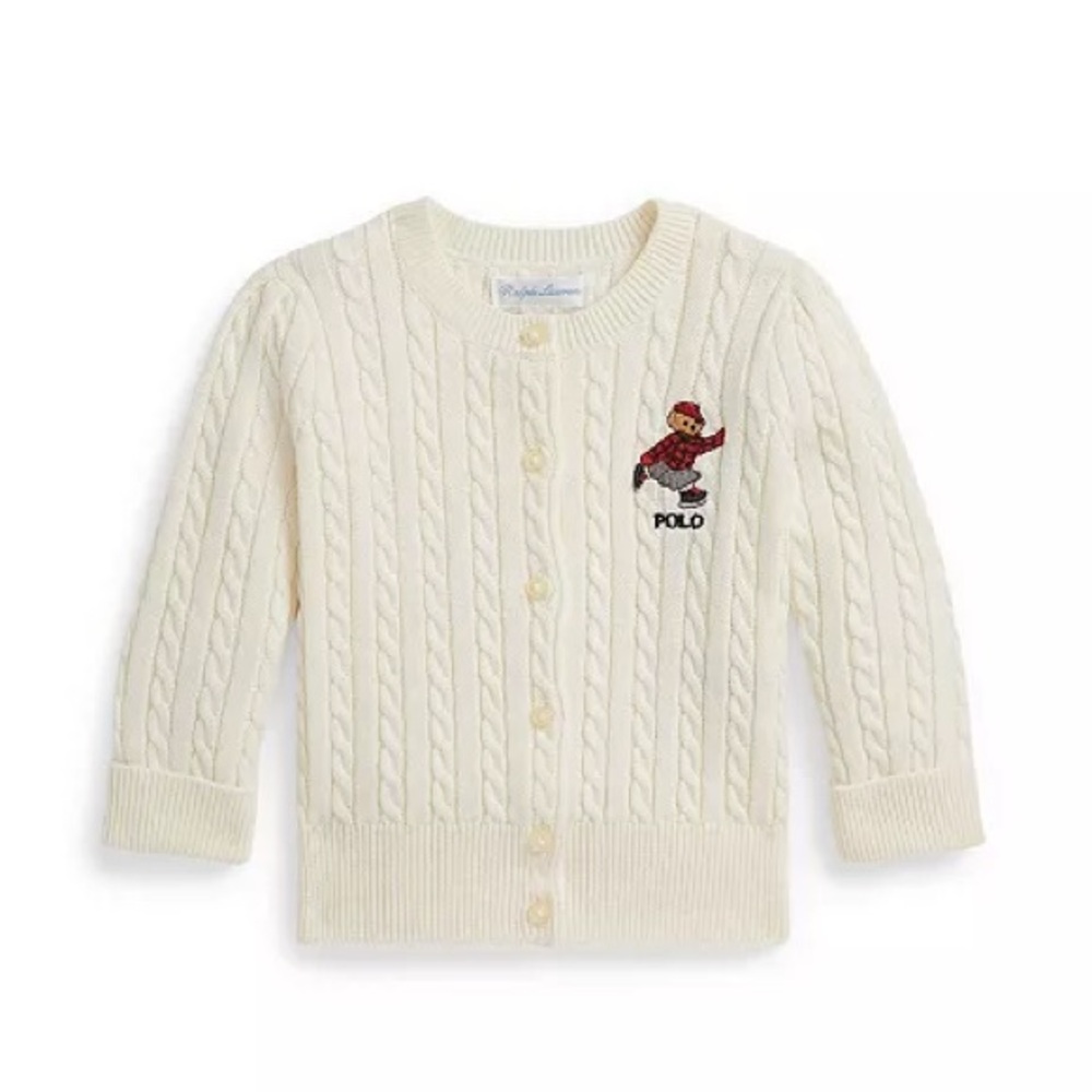 Polo by Ralph Lauren Baby Girl Cream Cable-Knit Baby Cardigan with Bear